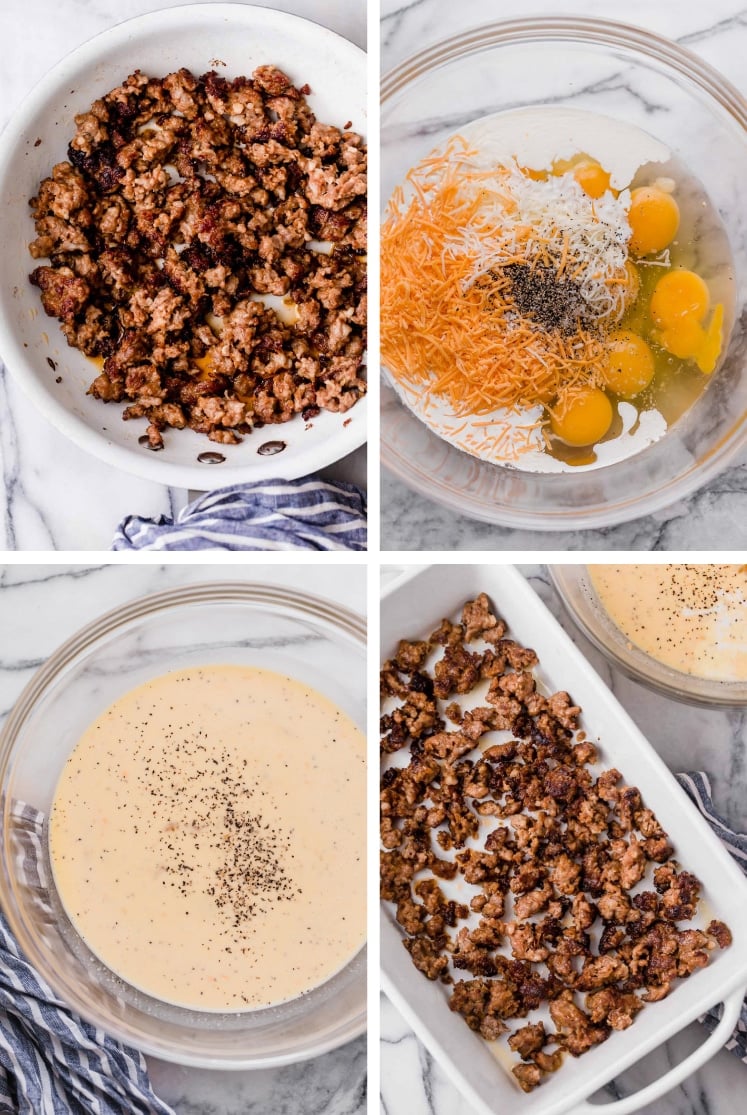 The step-by-step process of how to make sausage breakfast casserole.