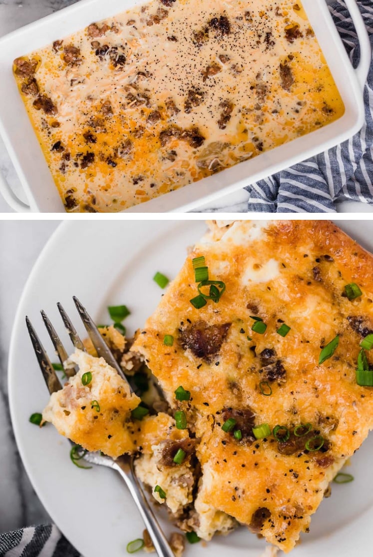 The step-by-step process of how to make sausage breakfast casserole.