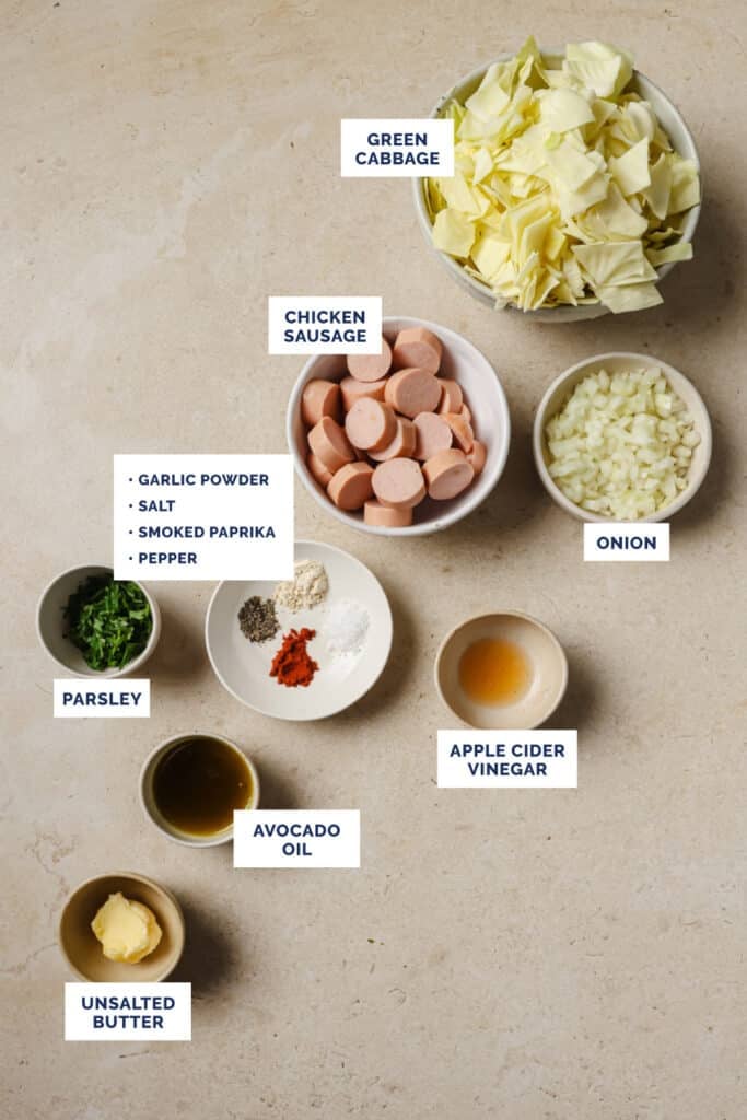 Labeled ingredients for the cabbage and sausage recipe.