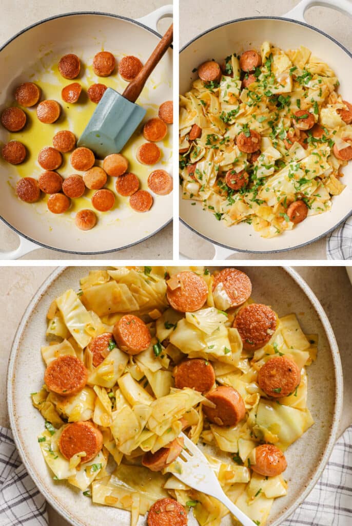 The step-by-step process for how to make cabbage and sausage.