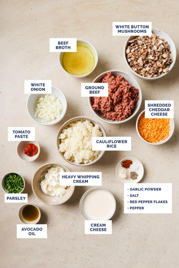 Labeled ingredients for the creamy ground beef skillet with cauliflower rice recipe.
