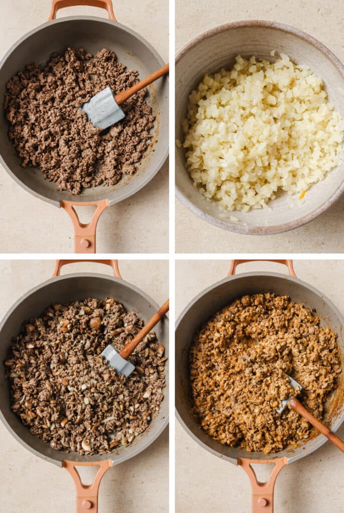 The initial steps for how to make creamy ground beef skillet with cauliflower rice.