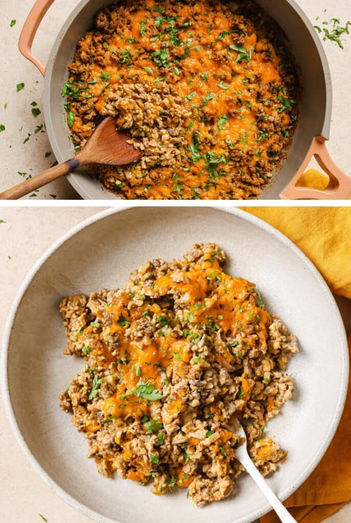 The final steps for how to make a creamy ground beef skillet.