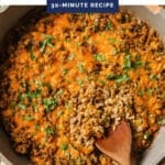 Pinterest graphic for creamy ground beef skillet with cauliflower rice recipe.