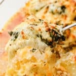 Creamy spinach chicken bake on a glass baking dish with a portion scooped up by a spoon.