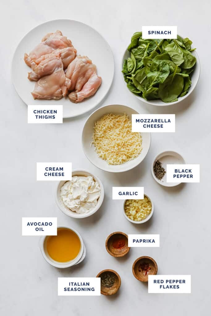 Labeled ingredients for the creamy spinach chicken bake recipe.