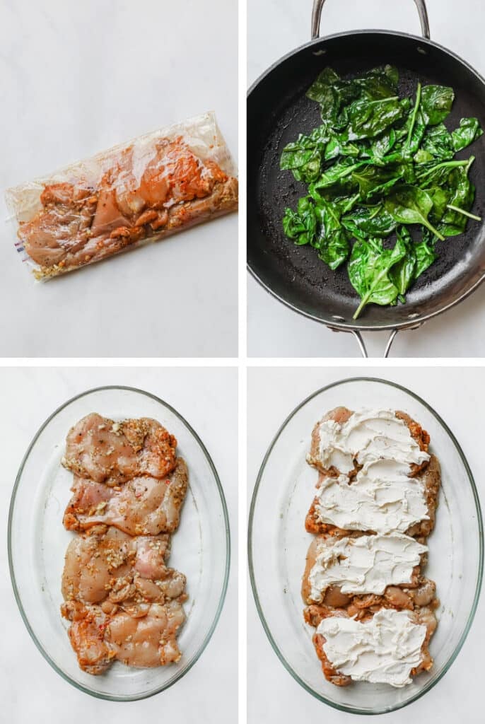 The step-by-step process of how to make creamy spinach chicken bake.