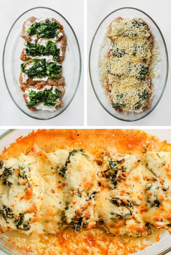 The final steps for how to make creamy spinach chicken bake.