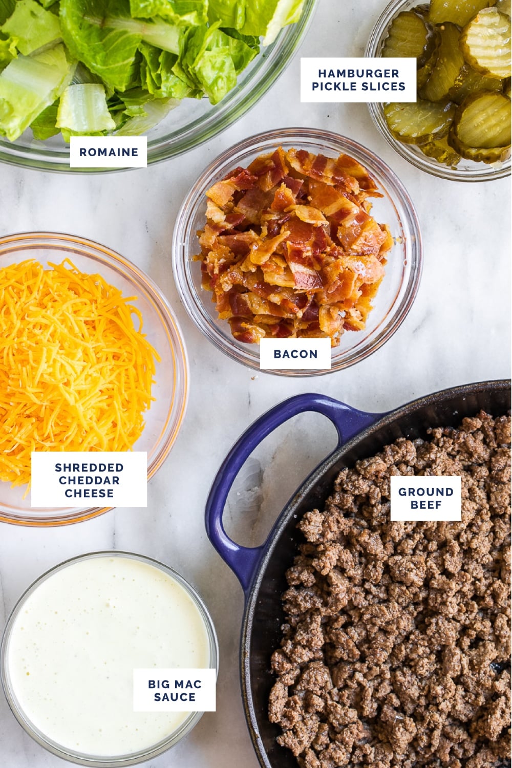 Labeled ingredients for the Big Mac salad recipe.