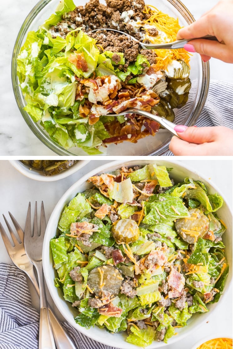 The step-by-step process of how to make Big Mac salad.