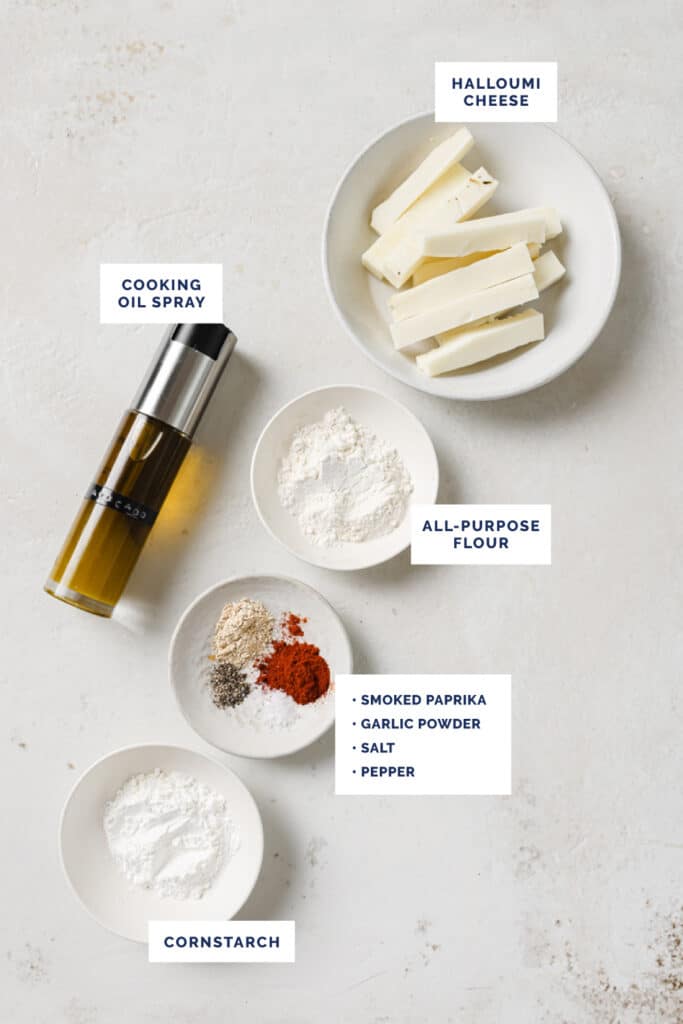 Labeled ingredients for the halloumi fries recipe.