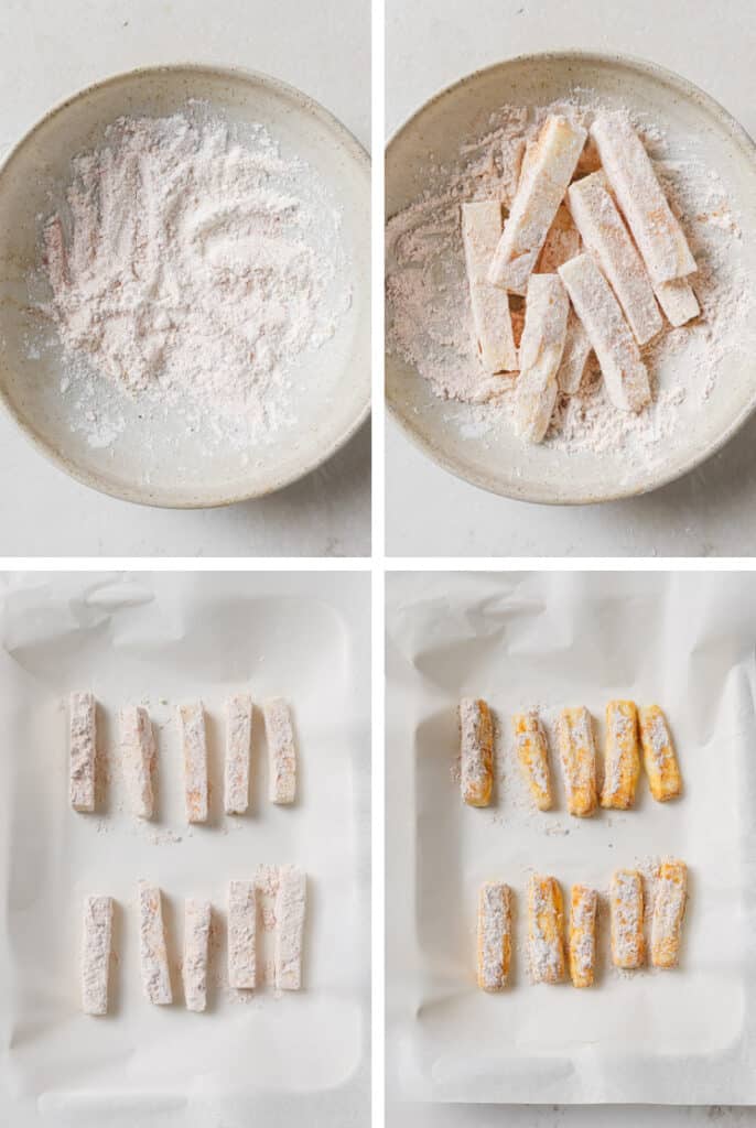 The step-by-step process of how to make halloumi fries.