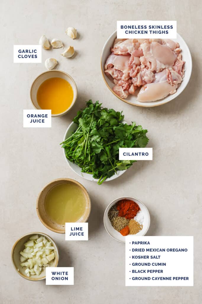 The ingredients needed to make pollo asado.