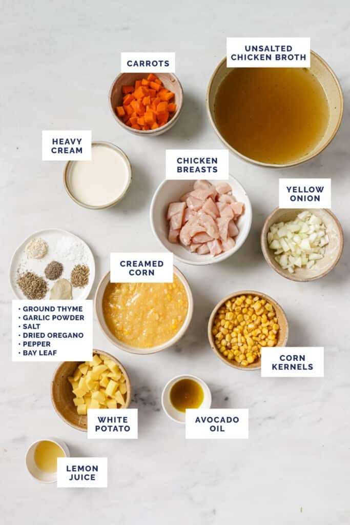 Labeled ingredients for the chicken corn soup recipe.