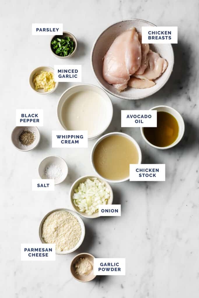 Labeled ingredients for the creamy garlic chicken recipe.