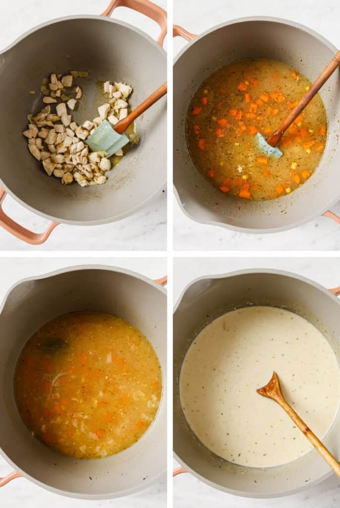 The step-by-step process of how to make chicken corn soup.