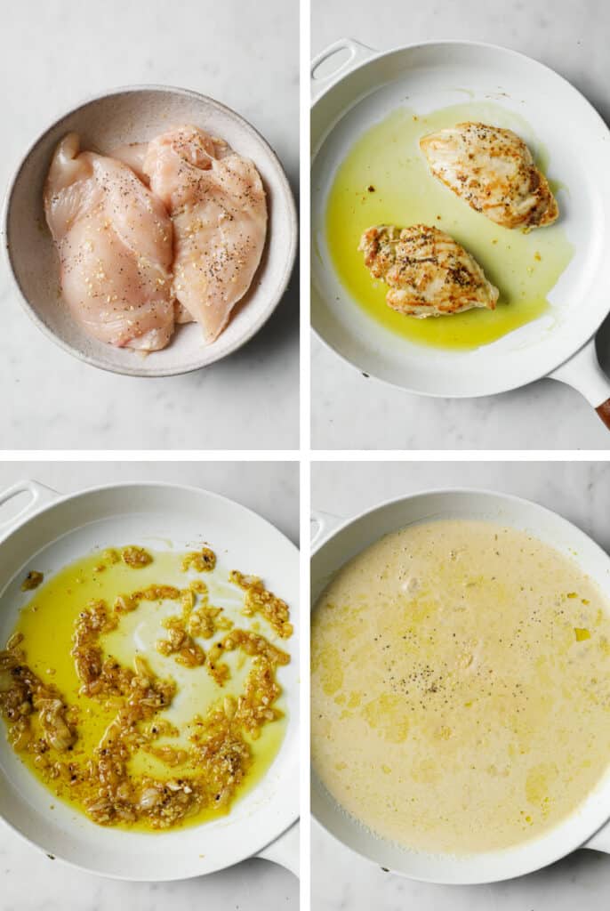 The step-by-step process of how to make creamy garlic chicken.