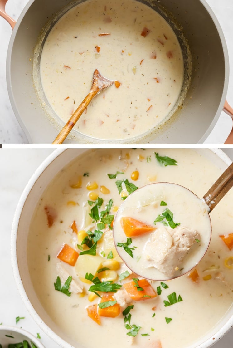 The step-by-step process of how to make chicken corn soup.