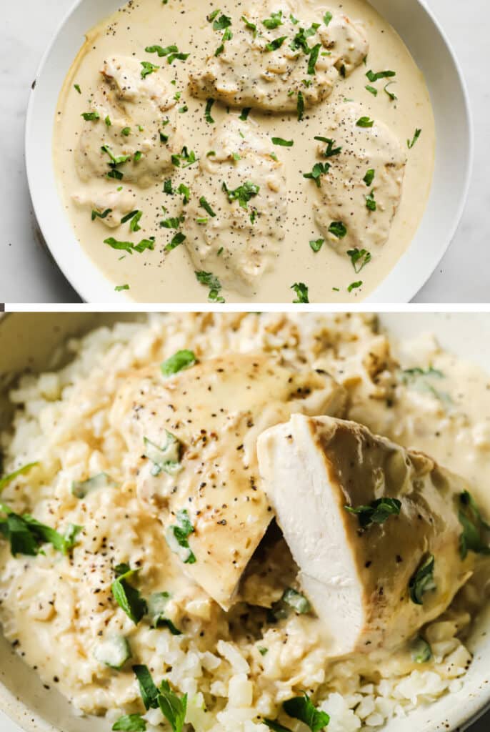 The final steps for how to make creamy garlic chicken.