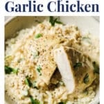 Pinterest graphic for creamy garlic chicken recipe.