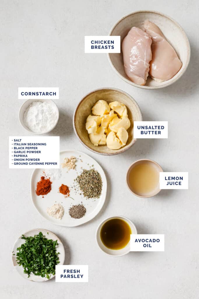 Labeled ingredients for the garlic butter chicken bites recipe.