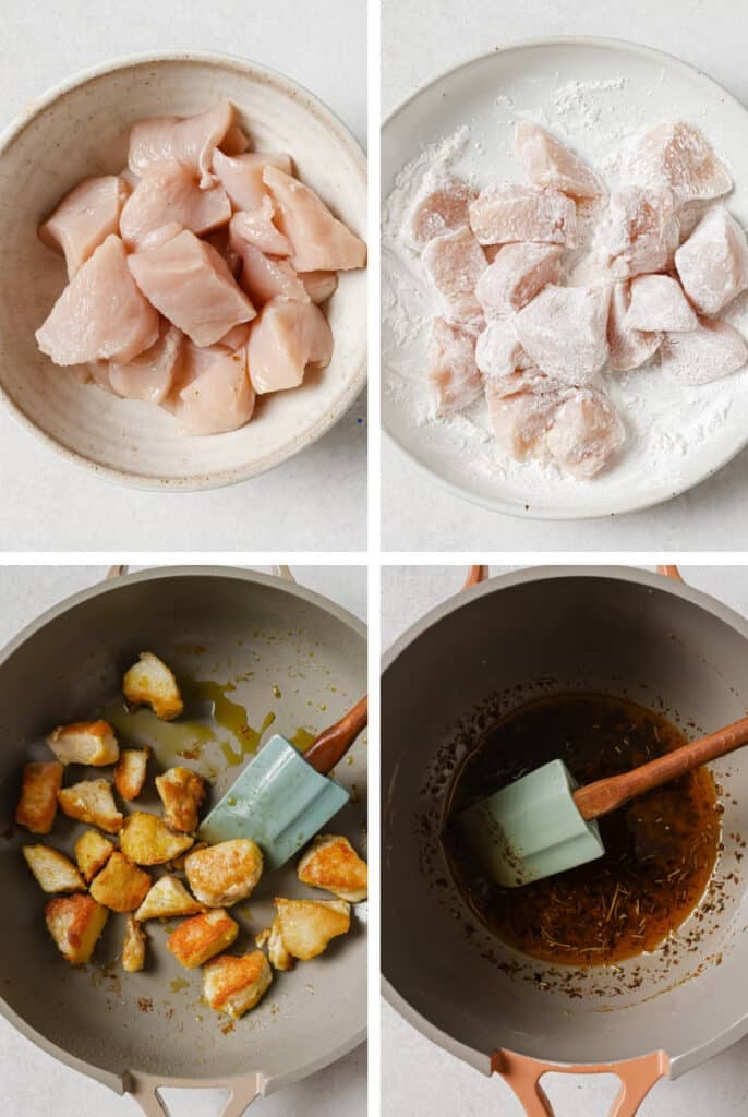 The step-by-step process of how to make garlic butter chicken bites.