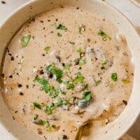 Garnished Hungarian mushroom soup in a bowl with a spoon.