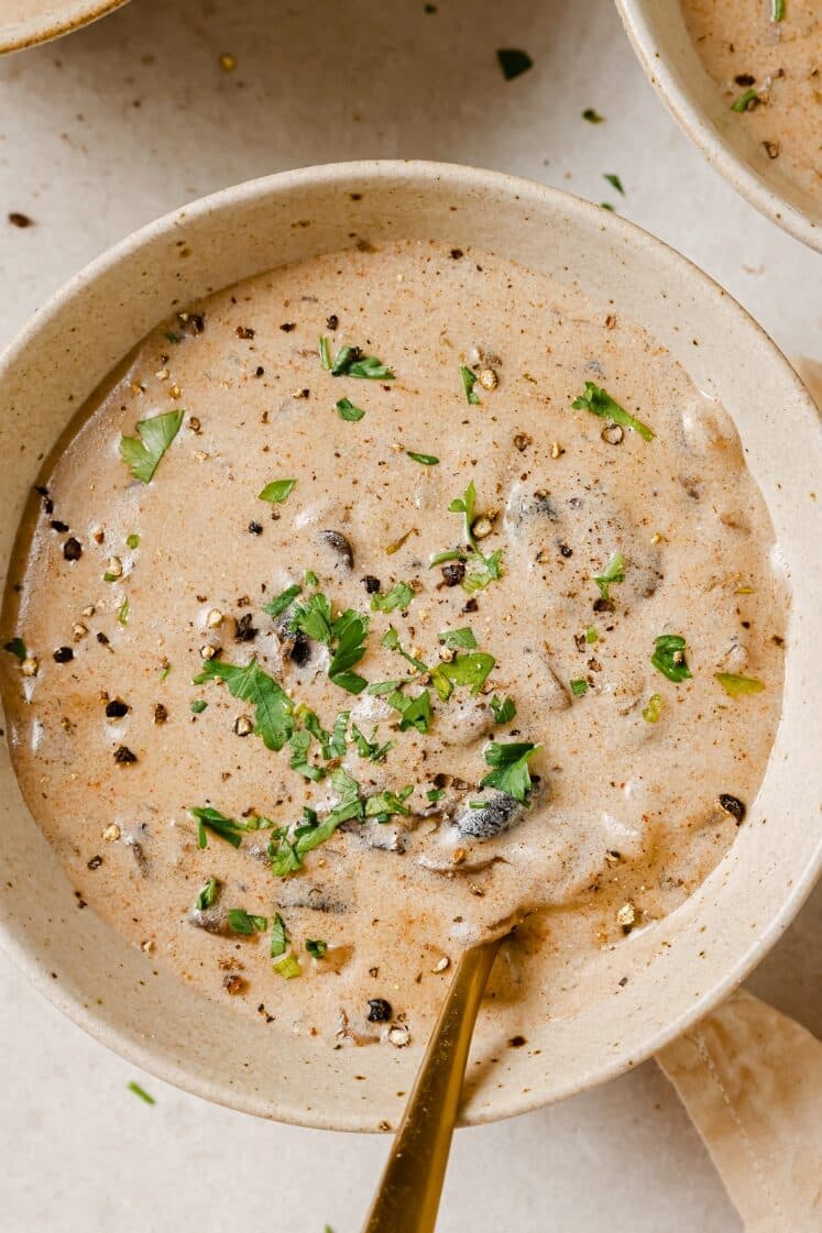 Garnished Hungarian mushroom soup in a bowl with a spoon.