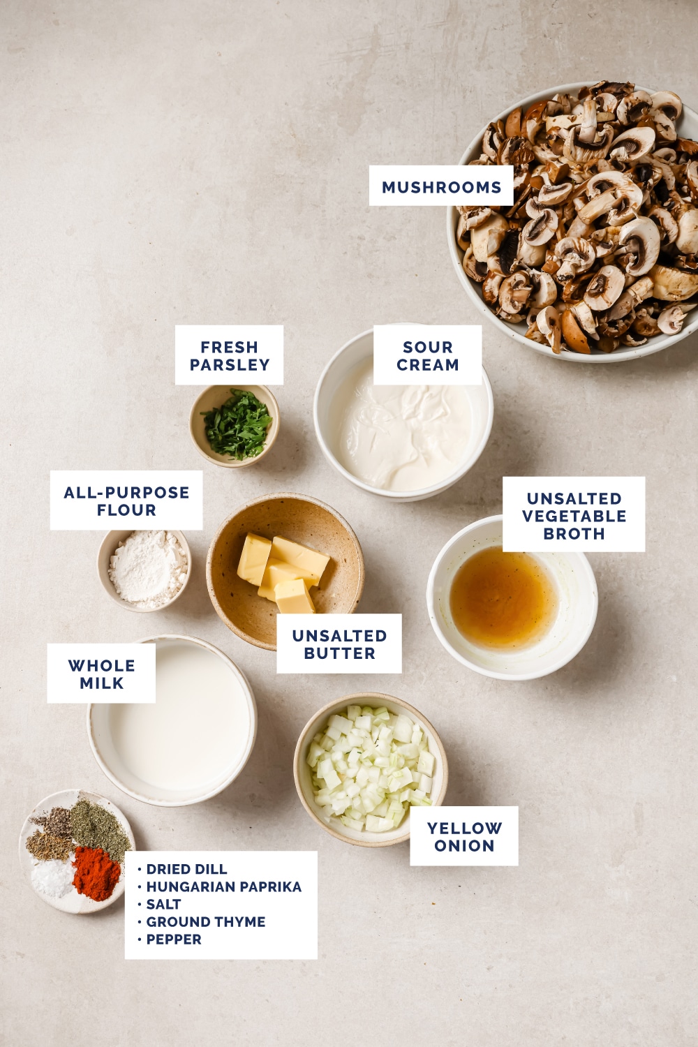 Labeled ingredients for the Hungarian mushroom soup recipe.