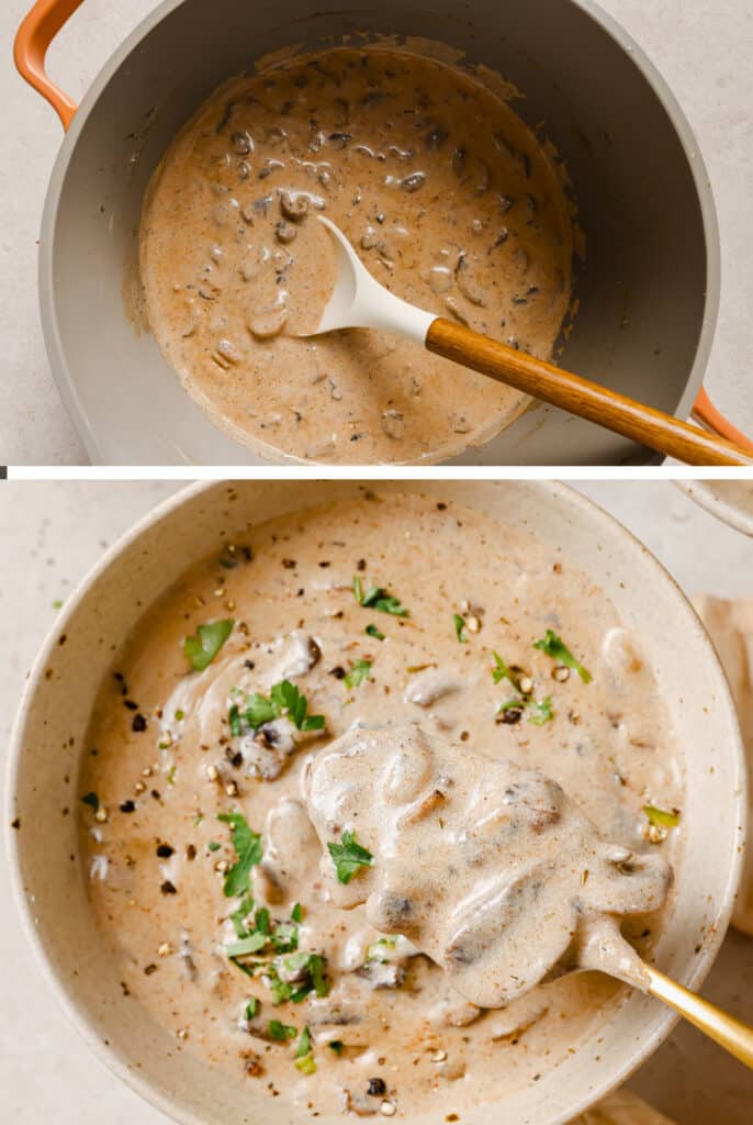 The step-by-step process of how to make Hungarian mushroom soup.