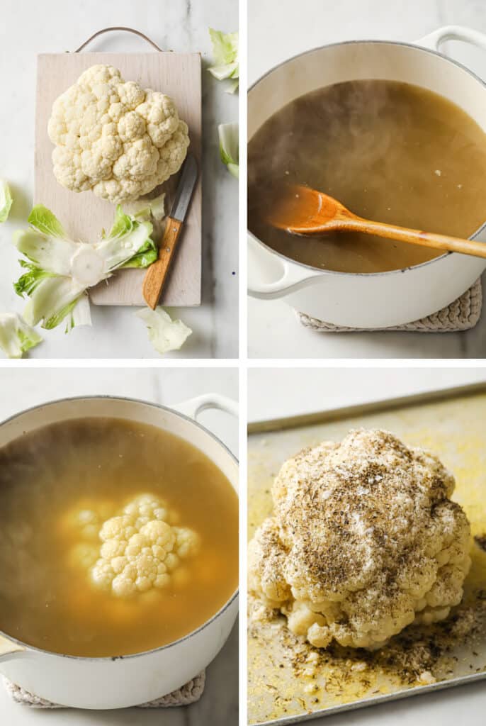 The step-by-step process of how to make buttery whole roasted cauliflower.