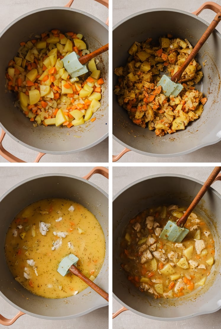 The step-by-step process of how to make chicken pot pie soup.
