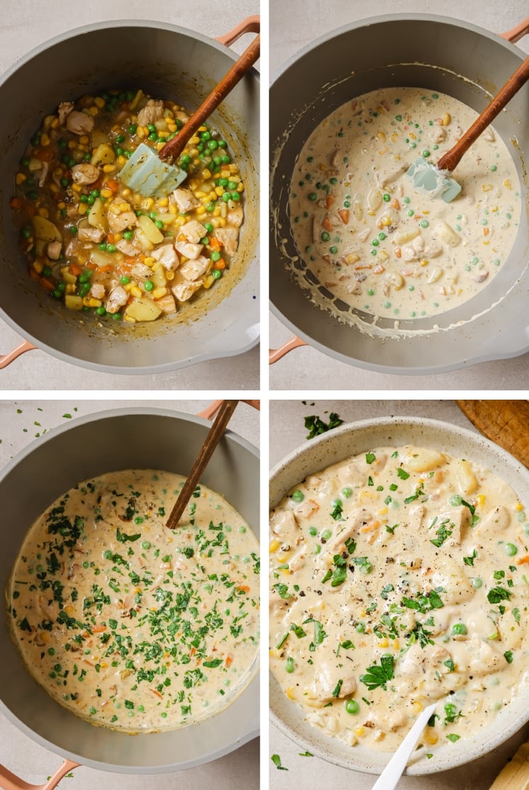 The step-by-step process of how to make chicken pot pie soup.