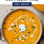 Sweet potato and red pepper soup Pinterest pin.