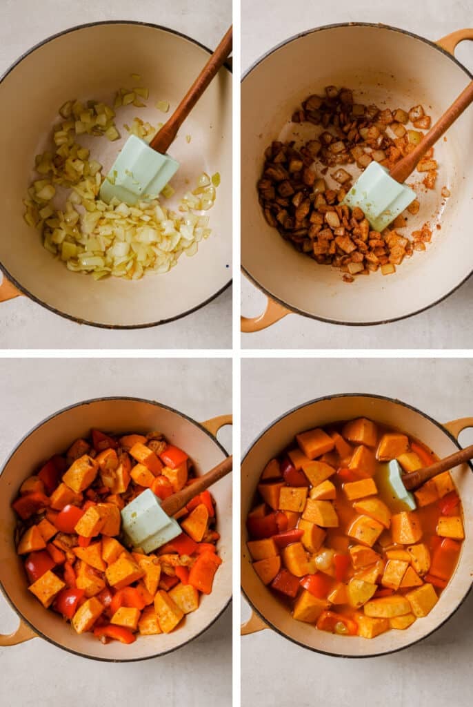 The step-by-step process of how to make sweet potato and red pepper soup.