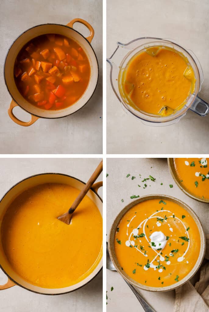 The final steps for how to make sweet potato and red pepper soup.