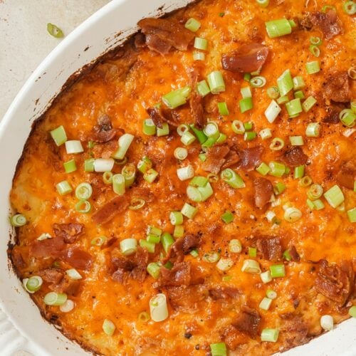 Twice baked potato casserole on a baking dish.