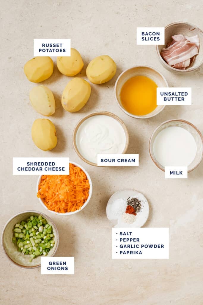 Labeled ingredients for the twice baked potato casserole recipe.