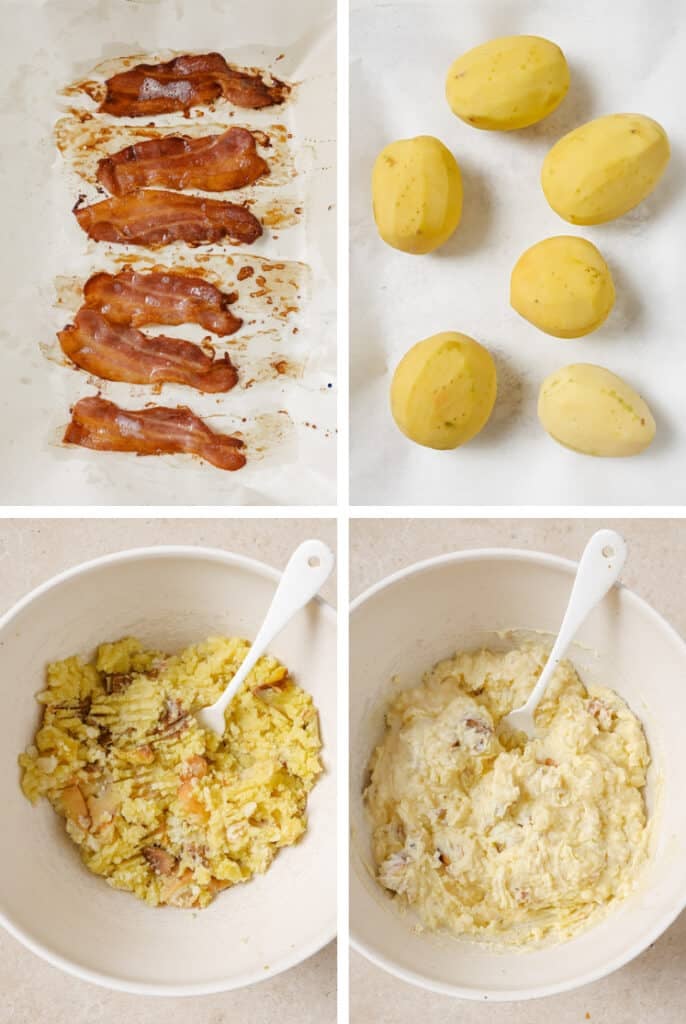 The step-by-step process of how to make twice baked potato casserole.