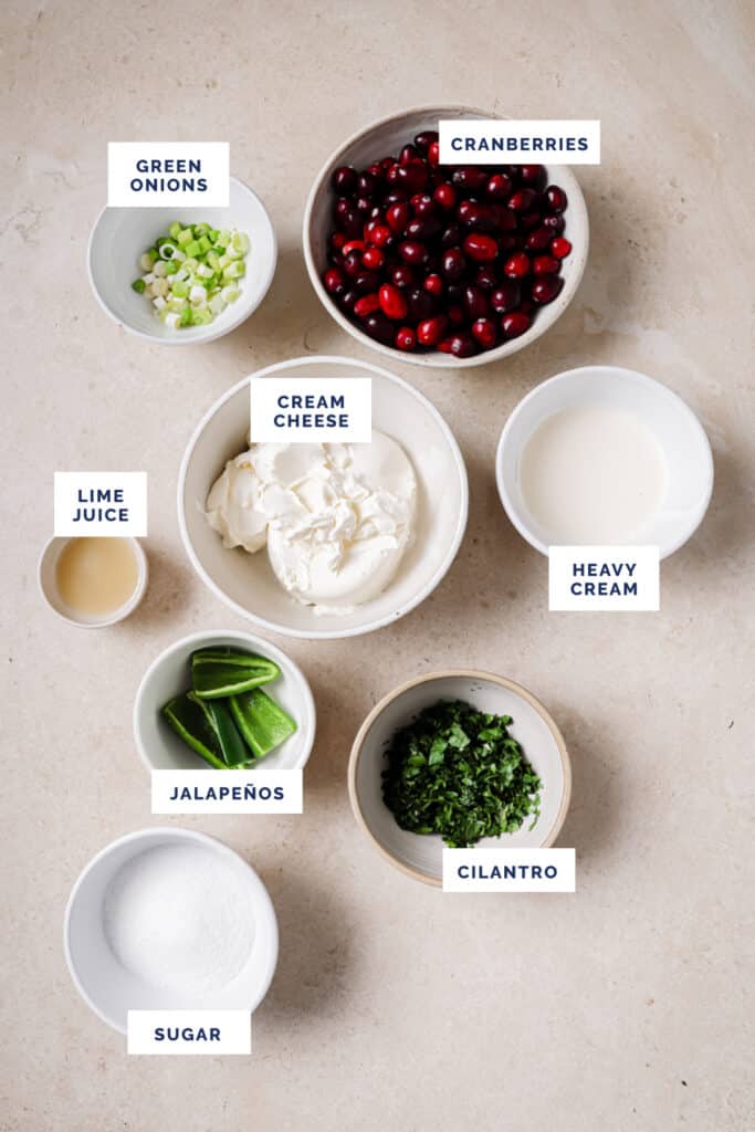 Labeled ingredients for the jalapeño cranberry dip recipe.