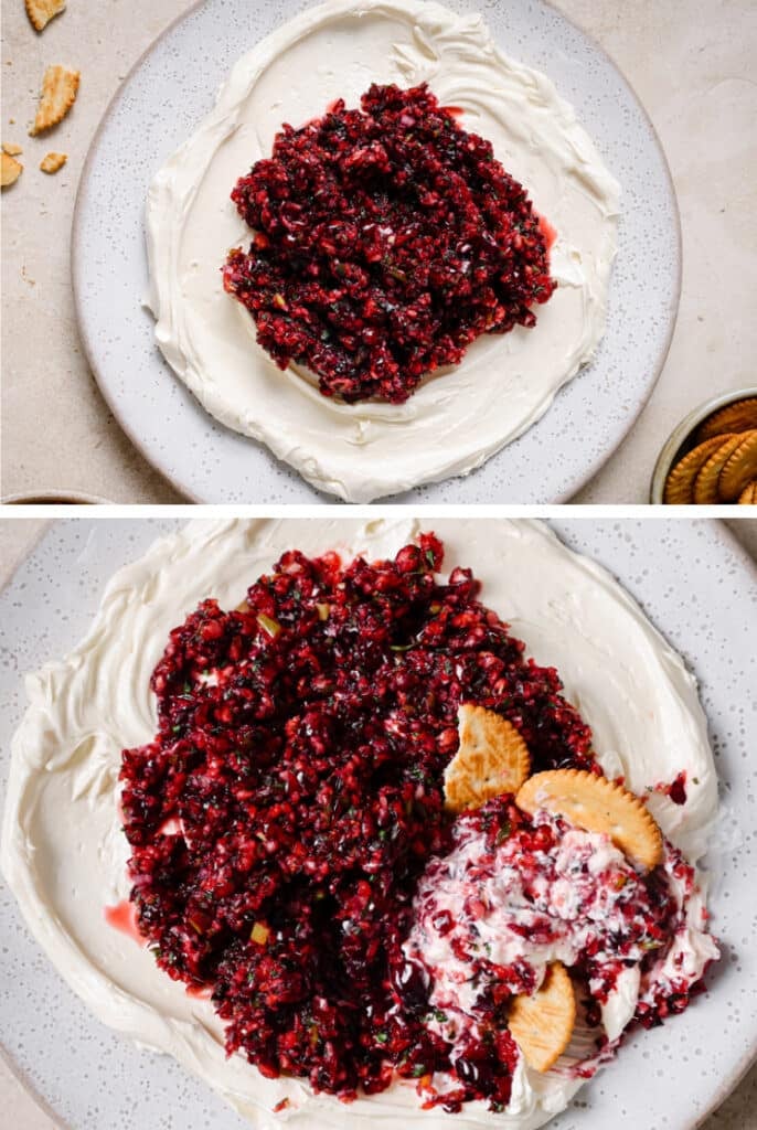 The final steps for how to make jalapeño cranberry dip.