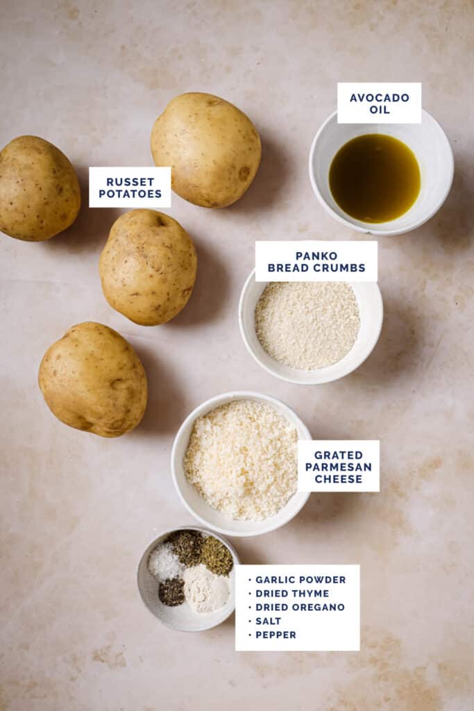 Labeled ingredients for the parmesan crusted potatoes recipe.