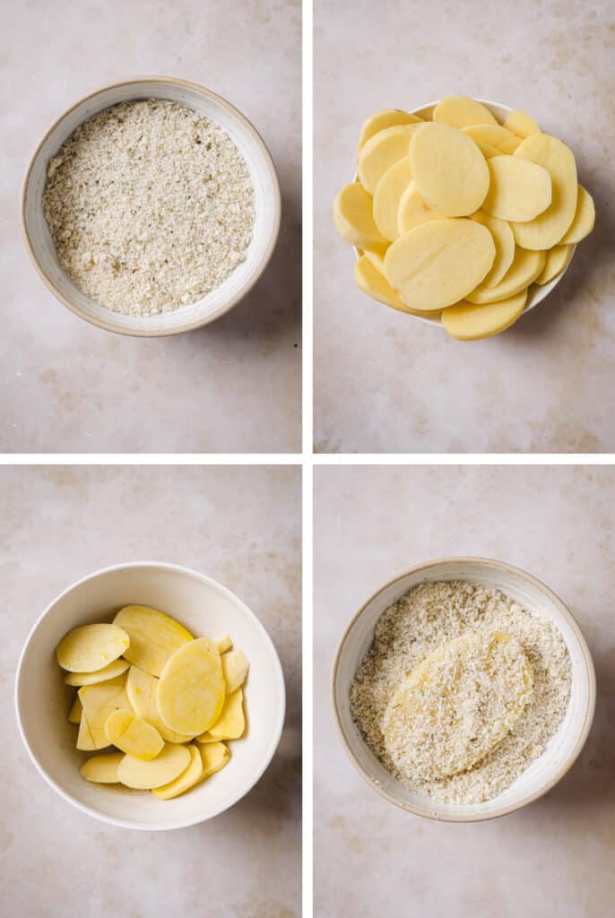 The step-by-step process of how to make parmesan crusted potatoes.
