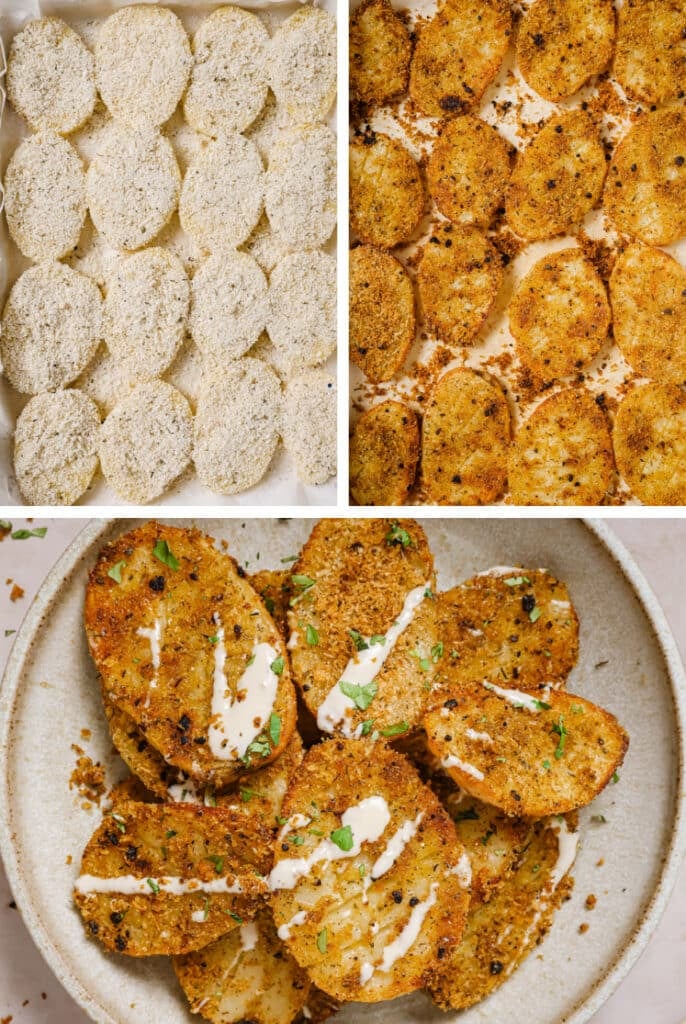 The steps for how to make parmesan crusted potatoes.