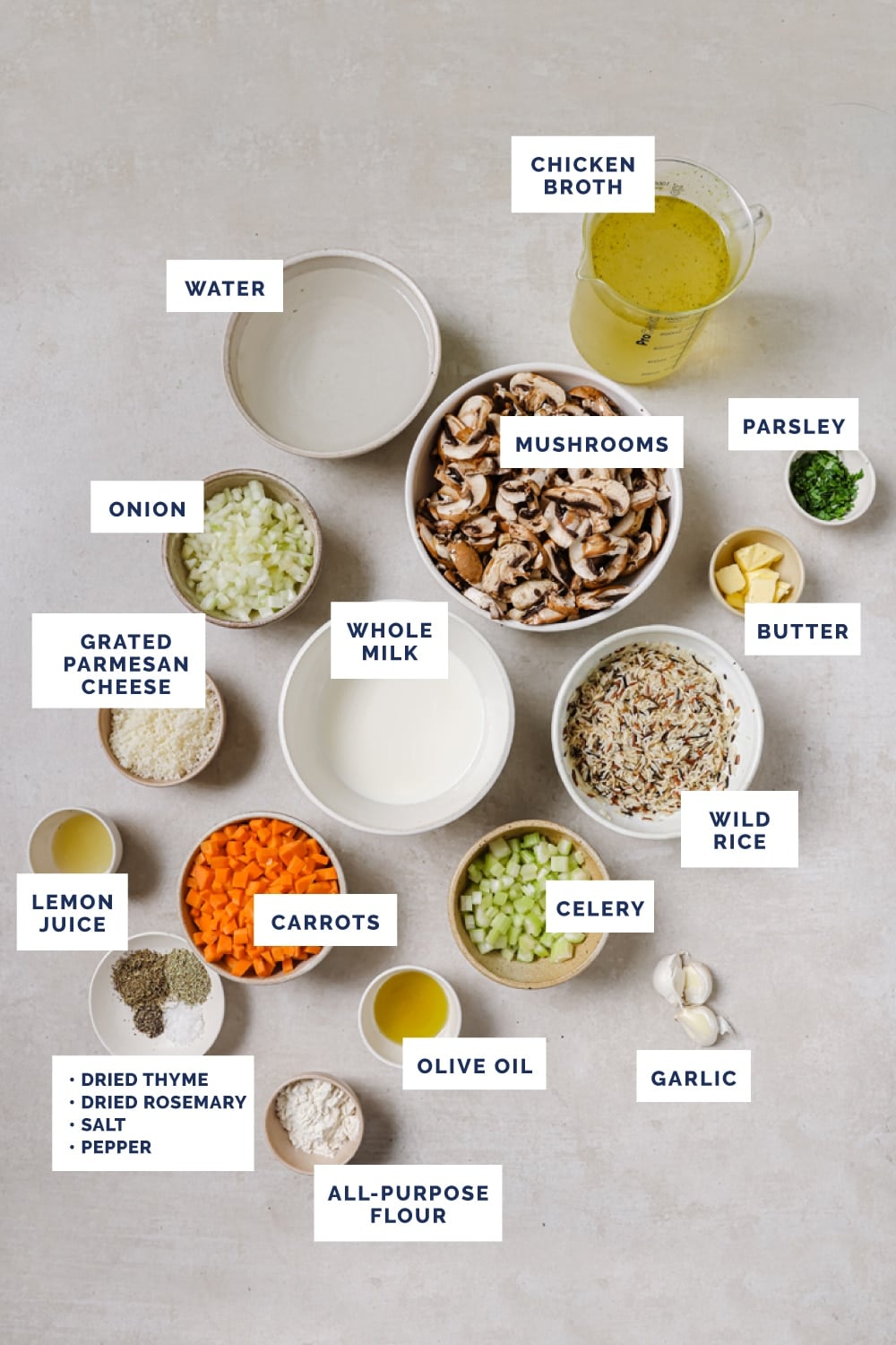 Labeled ingredients for the wild rice mushroom soup recipe.