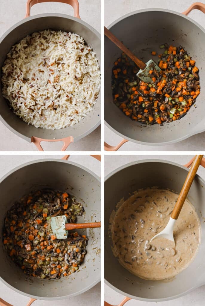 A series of photos showing how to make wild rice and mushroom soup.