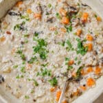 A bowl of garnished wild rice mushroom soup with a spoon.