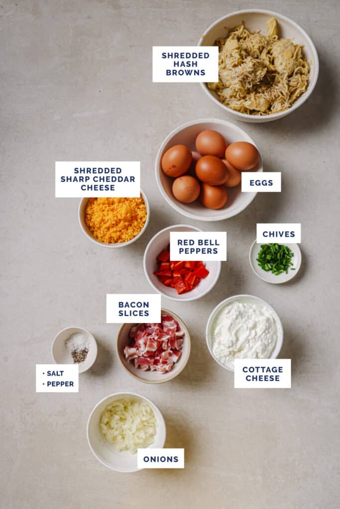 Labeled ingredients for the hash brown breakfast casserole recipe.