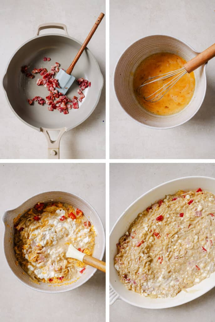 The step-by-step process of how to make hash brown breakfast casserole.