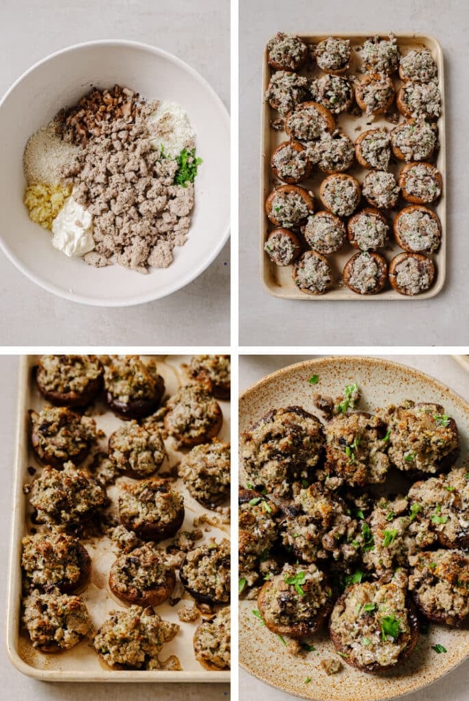 The final steps for how to make sausage stuffed mushrooms.